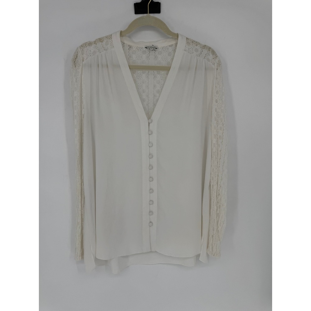 Le Lis Blanc Women Off White Lace Panel Button Down V-Neck Blouse Size 40